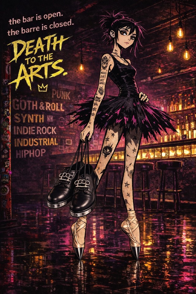Poster: a tattooed ballerina on pointe in a dive bar, combat boots in her hand. The bar is open. The barre is closed.