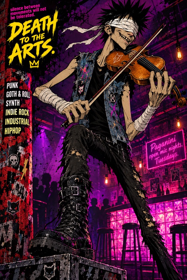 Poster: a blindfolded punk violinist playing with one boot up on a road case. Silence between movements will not be tolerated.